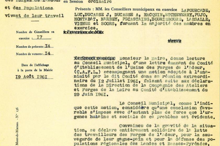  Extrait de délibération municipale de la commune de Saint-Martin-de-Seignanx se positionnant sur la décision de fermeture des Forges de l'Adour. 1961, Ville de Tarnos