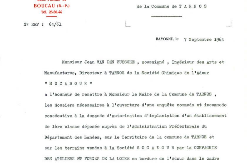 Courrier du directeur de l'usine SOCADOUR adressée au Maire de Tarnos. 1964, Ville de Tarnos 